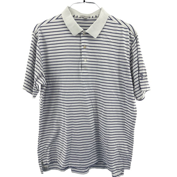 Peter Millar Other - Peter Millar Mens Large White Navy Blue Striped Cotton Golf Polo Shirt Short Slv